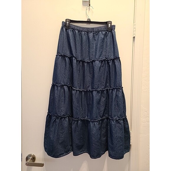 Ladies & Plus long full 4 tiered modest skirt denim blue jean Chambray S - Picture 2 of 7
